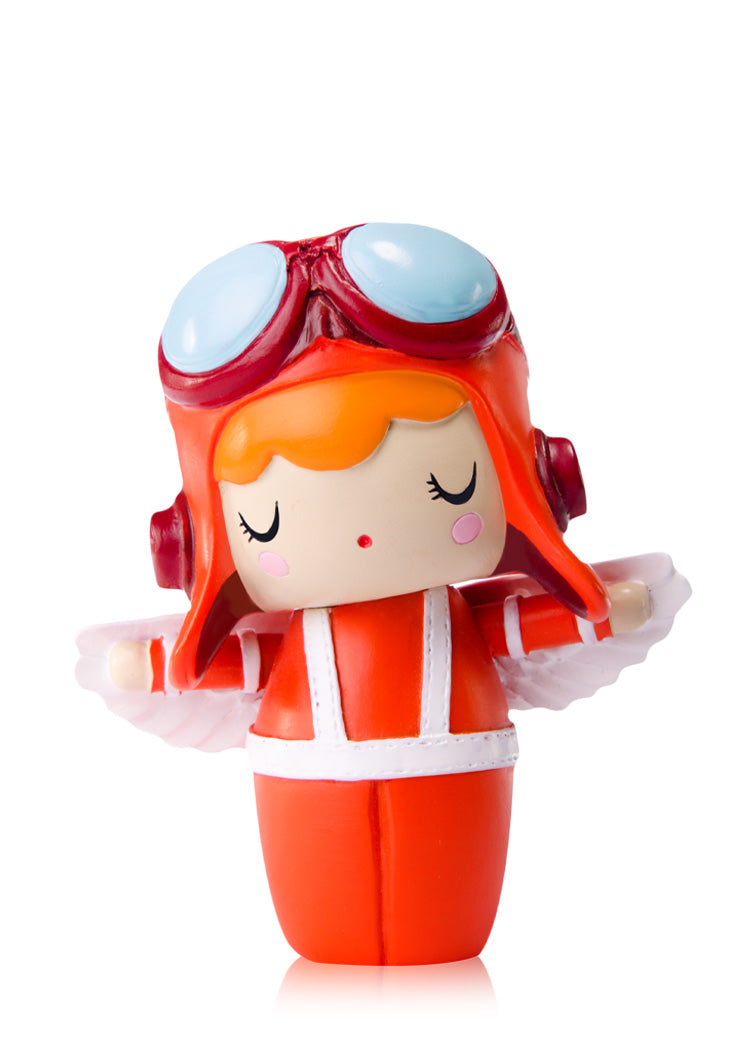 Adventure Momiji doll in red aviator outfit, goggles, orange hair, white wings—kawaii collectible with secret message inside. — Momiji doll