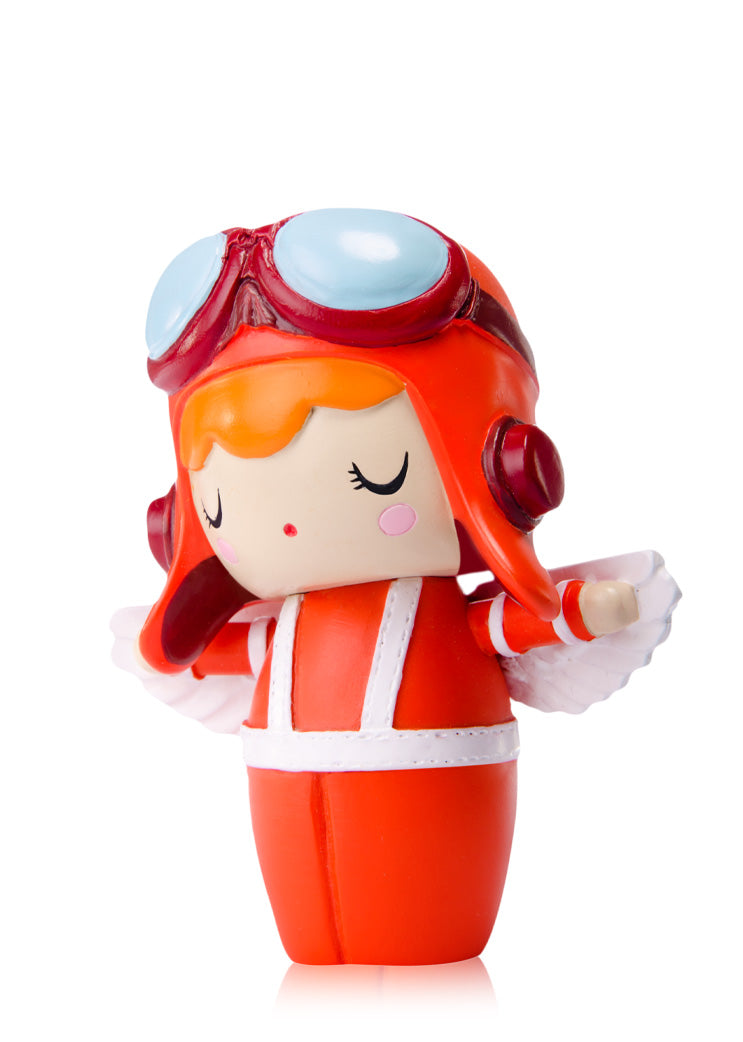 Adventure Momiji doll in a red aviator outfit with goggles, wings, and closed eyes on a white background. — Momiji doll
