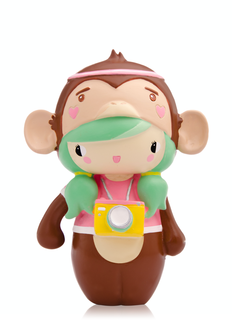 BFF Bessie Momiji doll in a monkey costume, green hair, pink cheeks, and holding a yellow camera. — Momiji doll