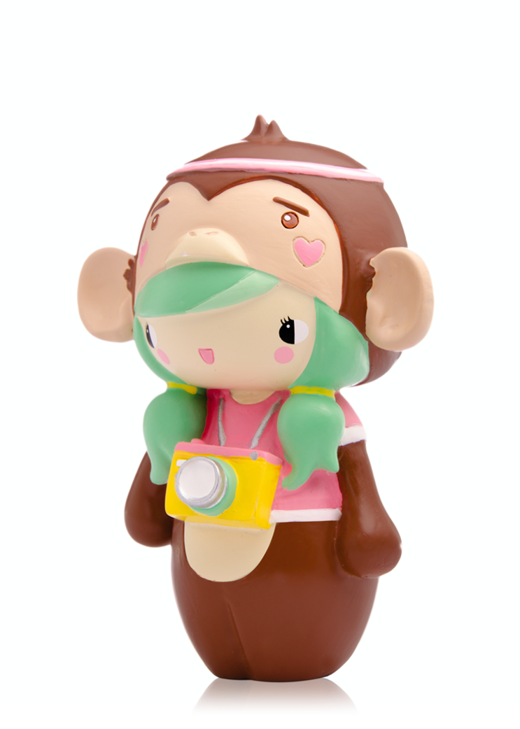 BFF Bessie Momiji doll: Green-haired character in a monkey suit holding a yellow camera, inspired by Tokyo street style. — Momiji doll