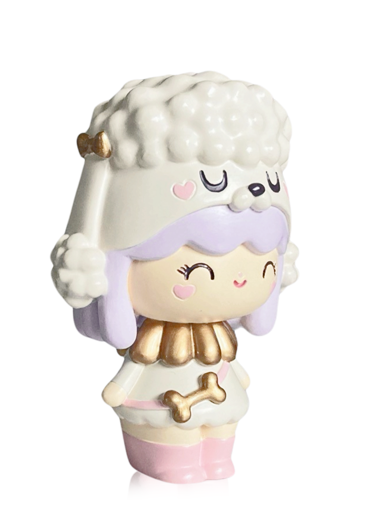 The Best Friends - Special Edition Momiji doll has purple hair, a poodle hat, pink boots, and gold bone accessories. — Momiji doll