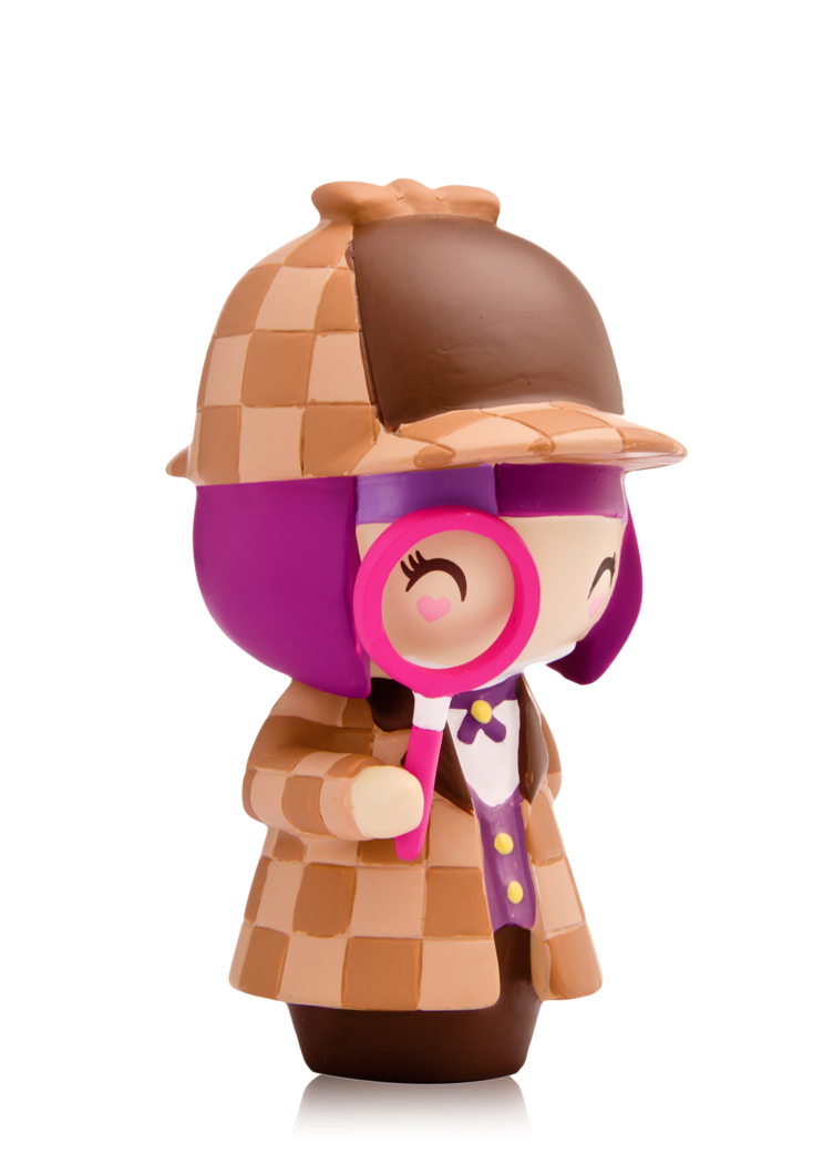 Curiousity Momiji doll with purple hair, detective outfit, pink magnifying glass, on a plain white background. — Momiji doll