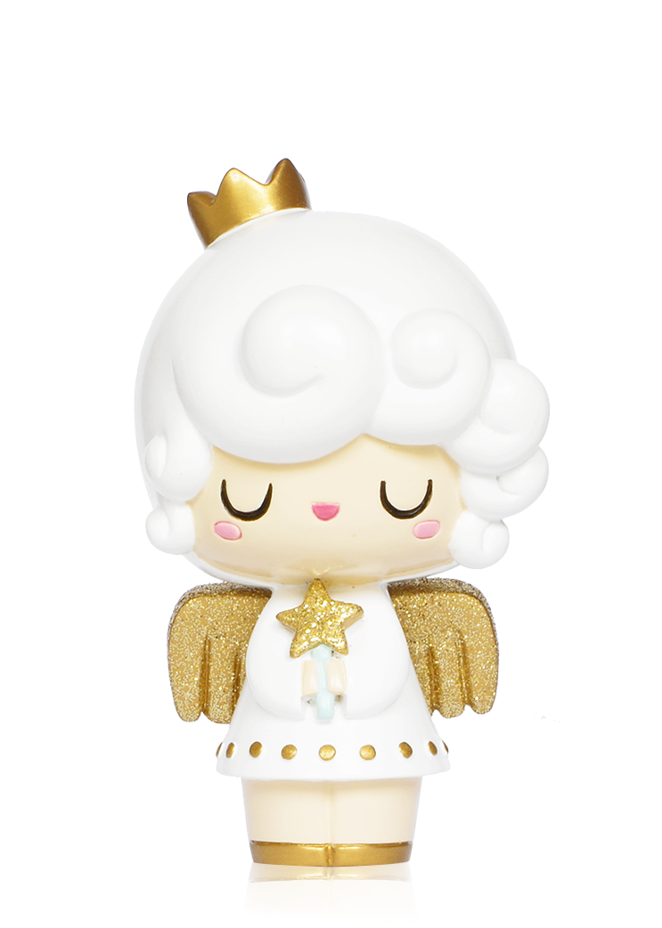 Celeste #014 Momiji doll with white hair, gold crown, angel wings, closed eyes, holding a gold star. Kawaii collectible character. — Momiji doll