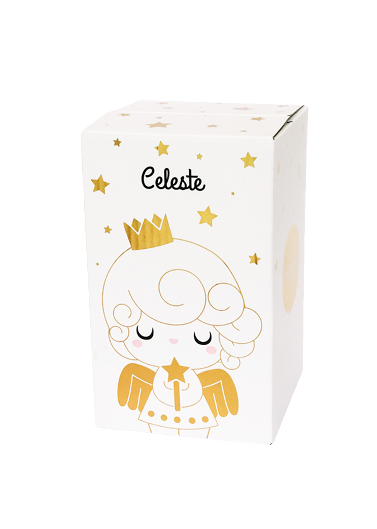 White box with Celeste #014 Momiji doll—golden angel with crown and stars, kawaii design and collectible hidden message inside. — Momiji doll
