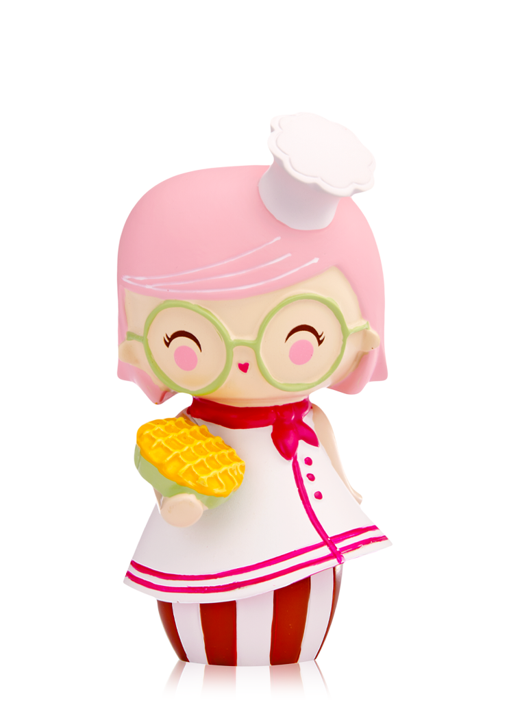 Cookie Momiji doll with pink hair, green glasses, chef hat, holding a pie and wearing a red and white cute outfit. — Momiji doll