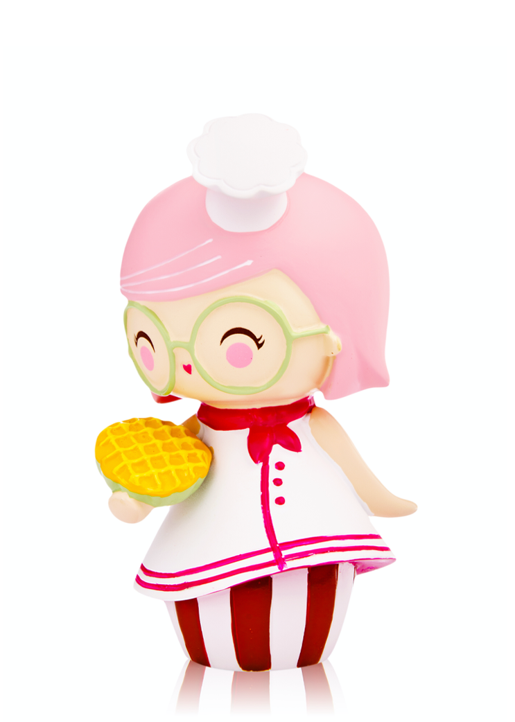Cookie Momiji doll with pink hair, glasses, chef hat, holding yellow pie, in a red and white dress. — Momiji doll