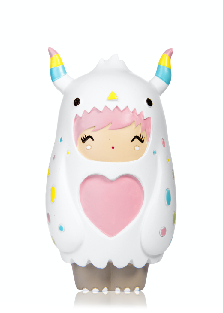 Cuddle Love Bug Momiji doll: pink hair, white monster costume with colorful dots and a pink heart—cute vinyl collectible. — Momiji doll