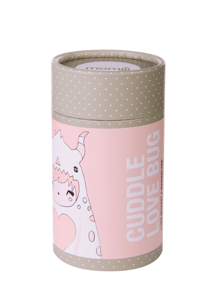 Cuddle Love Bug Momiji doll, round pink and beige with white dots, features a cute monster on its label. — Momiji doll