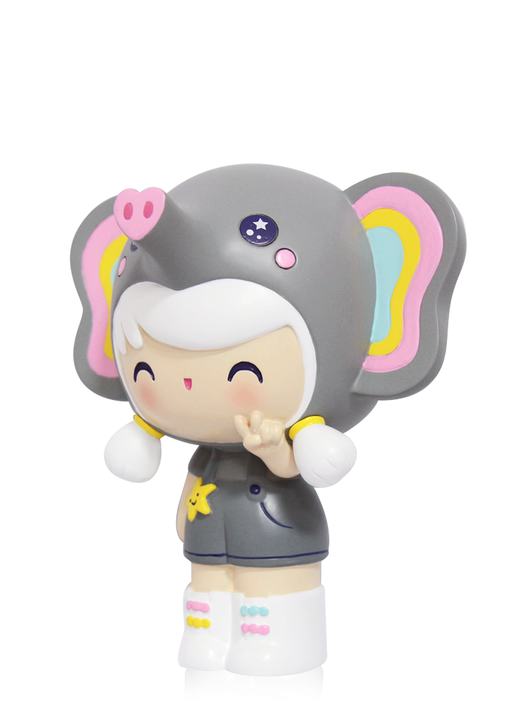 Ellie Momiji doll in a grey elephant outfit with pink cheeks, holding a message; kawaii collectible designed by artists. — Momiji doll