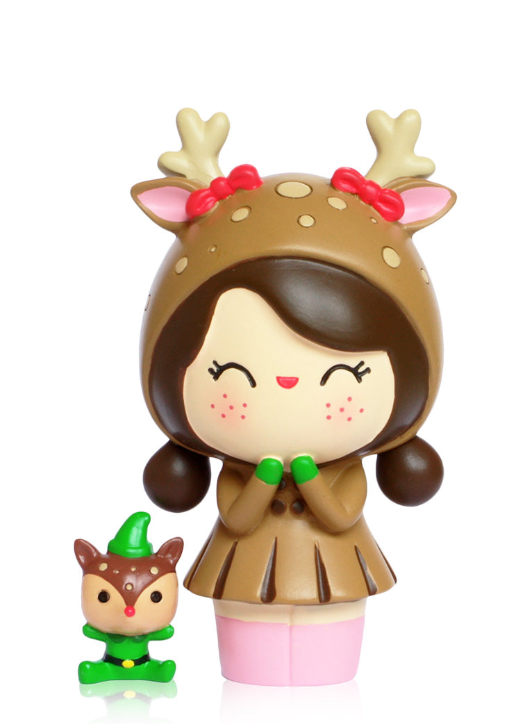 KIKO & KEN Momiji doll with brown hair in a deer outfit stands by a collectible deer wearing a bright green hat. — Momiji doll