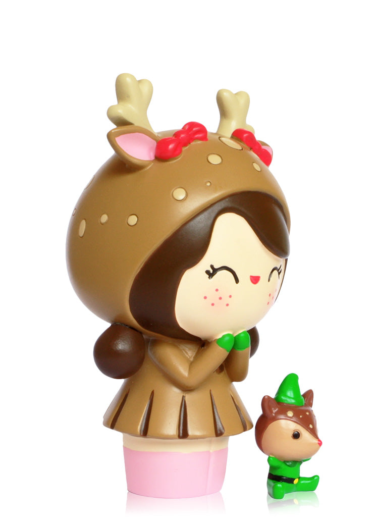 KIKO & KEN Momiji doll: smiling girl in a reindeer suit with a tiny fox in a green hat, set against a white background. — Momiji doll
