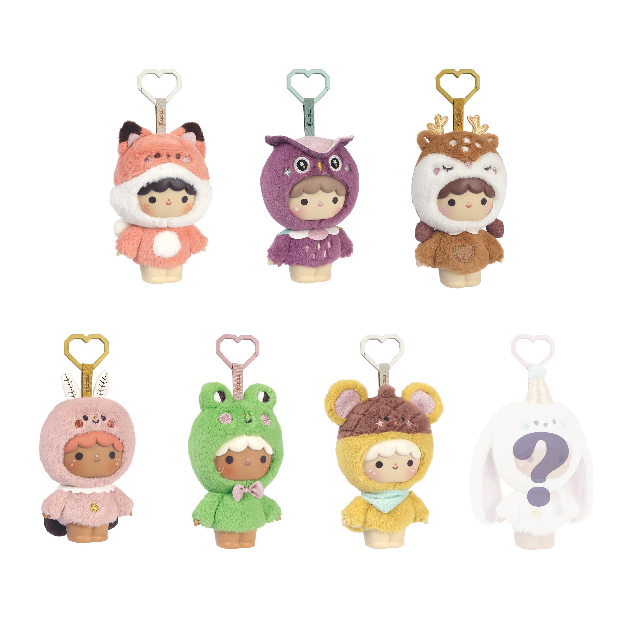 Six Sugar Plum Momiji dolls, each kawaii with character details and a key-shaped clip on top; collectible blind box toys. — Momiji doll
