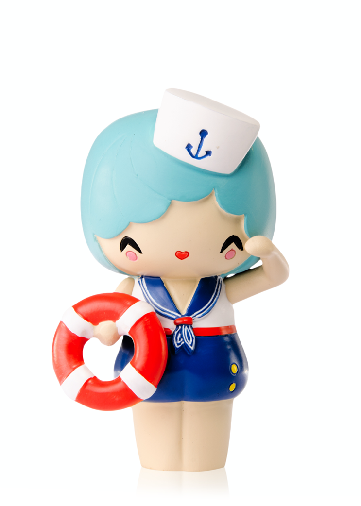 Marina Momiji doll with blue hair, sailor hat, and lifebuoy. Collectible kawaii vinyl figure with secret message inside. — Momiji doll