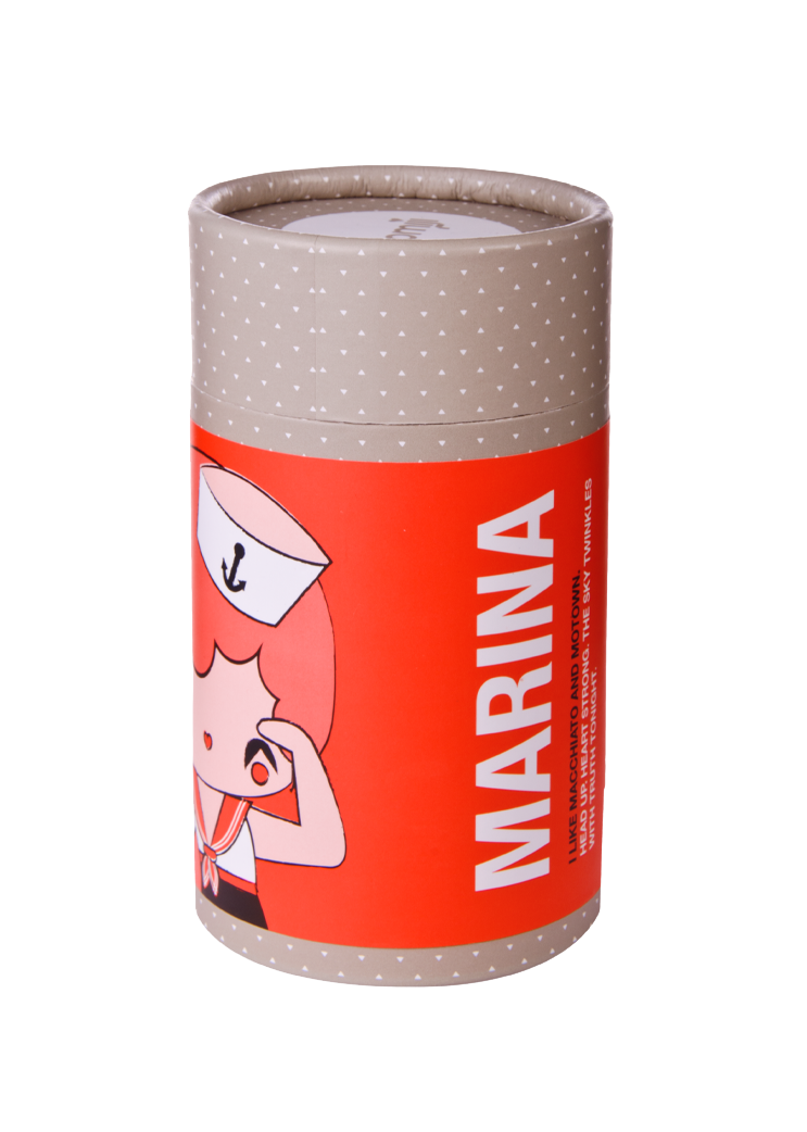 Cylindrical container labeled "Marina" featuring a sailor Momiji doll—colorful, kawaii collectible with secret message inside. — Momiji doll