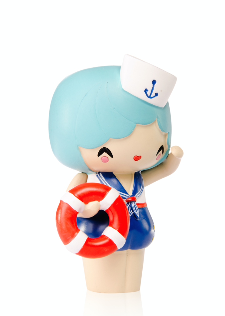 Marina Momiji doll with blue hair, sailor hat, red lifebuoy, and blue sailor outfit. Collectible with secret message inside. — Momiji doll