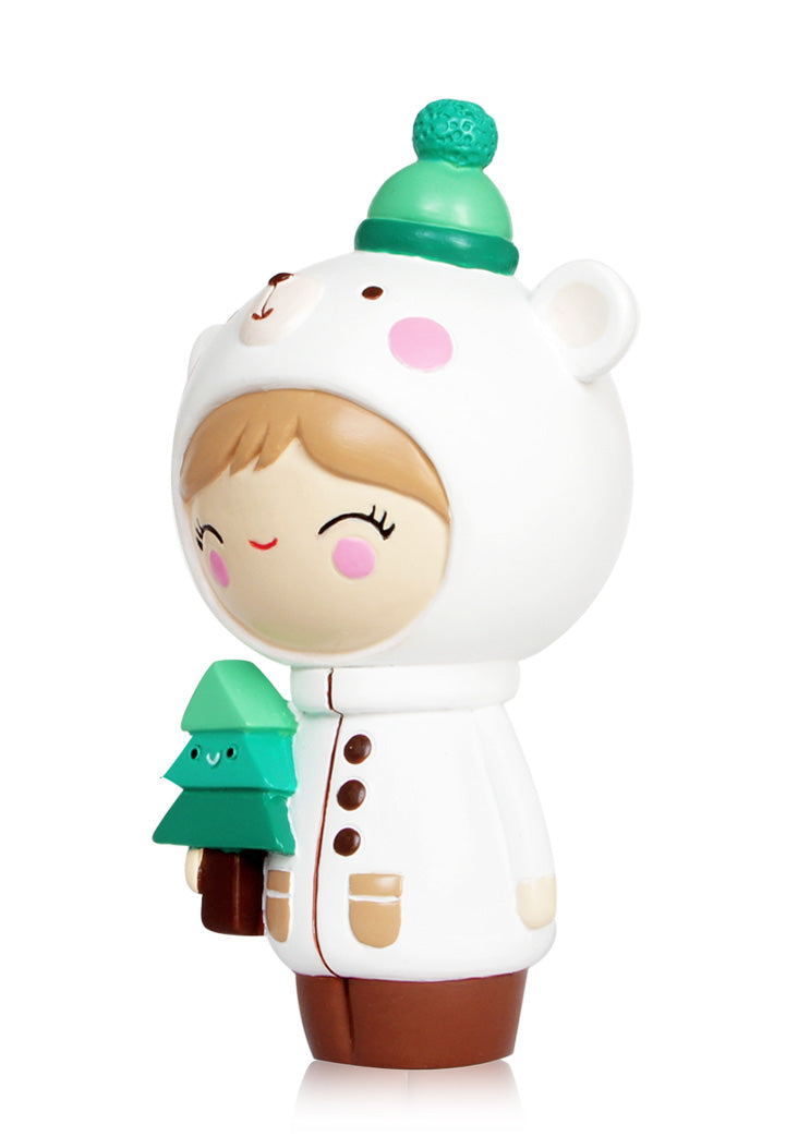 Parker Momiji doll in a white bear costume, holding a green Christmas tree and smiling; irresistibly cute, kawaii style. — Momiji doll