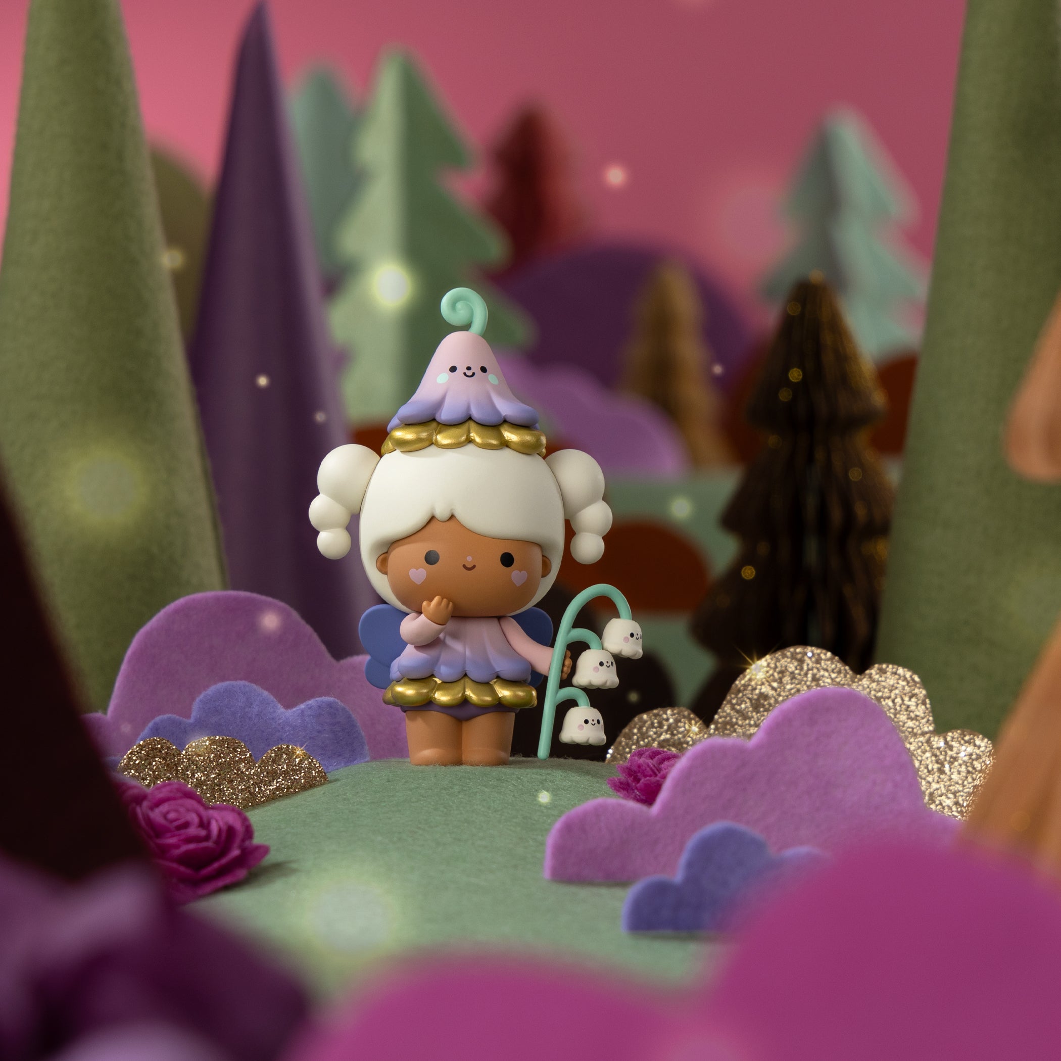 Sugar Plum Wood Momiji doll with white hair, a pink flower hat, in a pastel forest from the blind-box set of 8. — Momiji doll