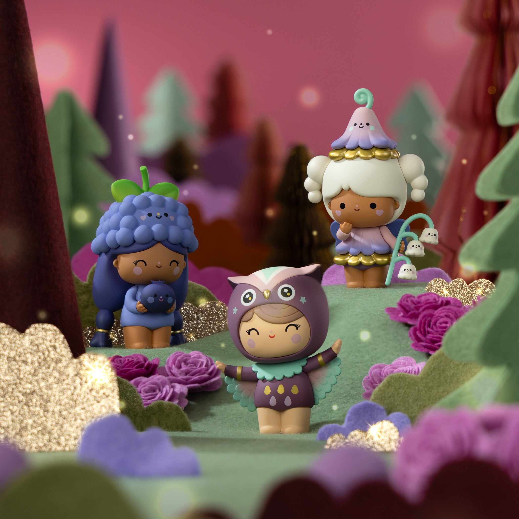 Set of 8 Sugar Plum Wood Momiji dolls in fruit and animal outfits stand in a pastel forest with soft felt trees. — Momiji doll