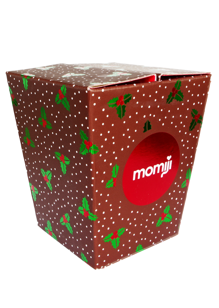 Momiji doll gift box: brown with green holly, white dots, and a red circle labeled Scrumptious #357 in white text. — Momiji doll