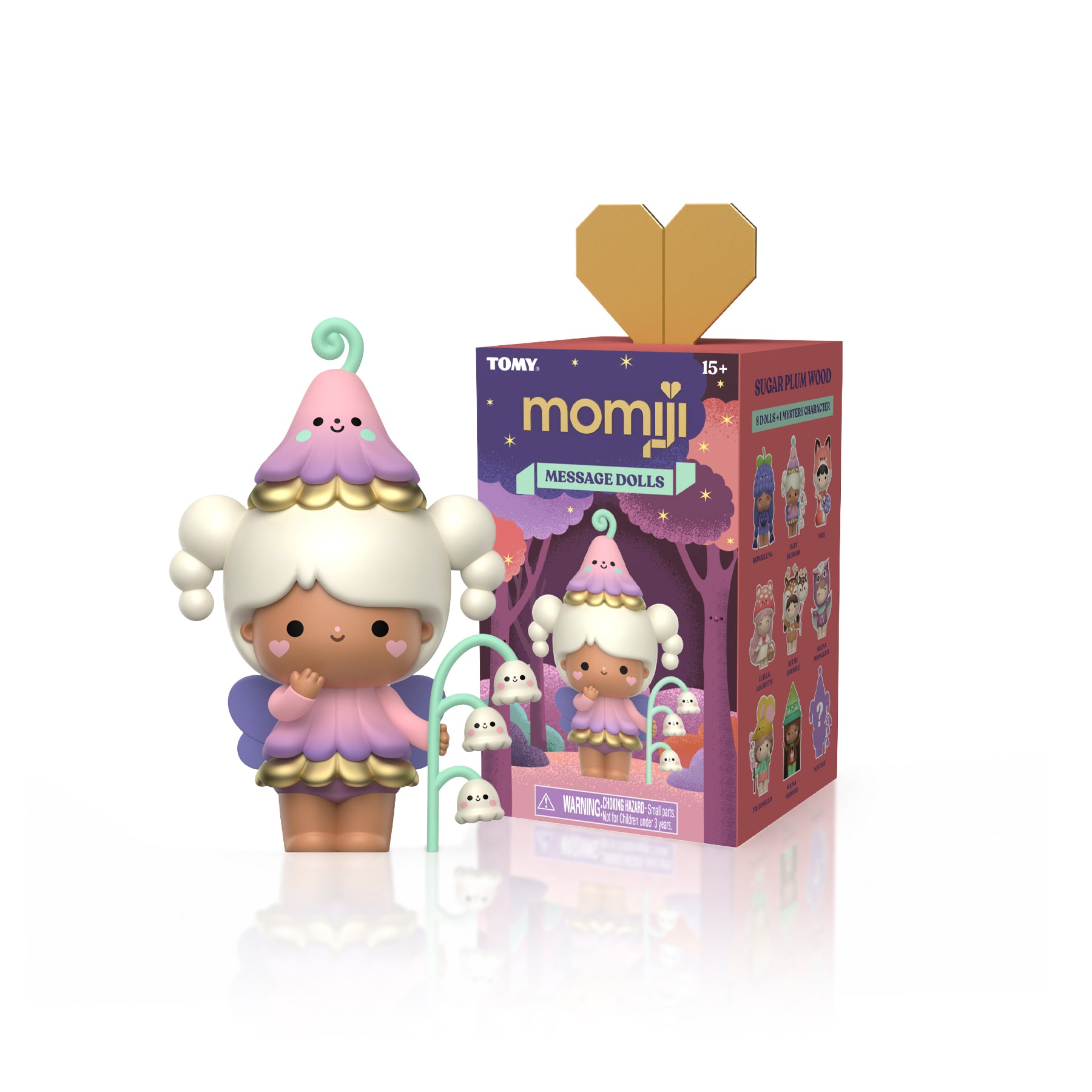 Sugar Plum Wood Momiji doll with white hair, pink hat, mushrooms, and purple heart box. Blind box collectible of 8. — Momiji doll