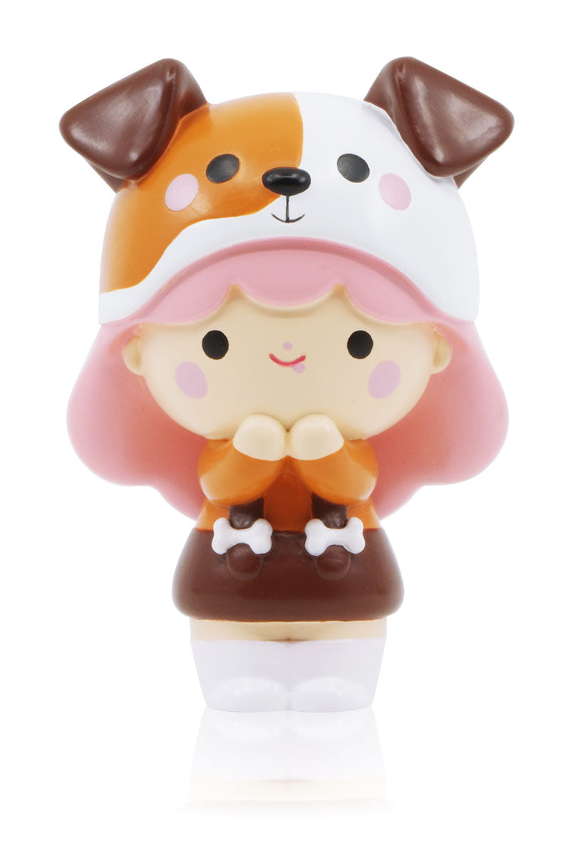 BFF Momiji doll with pink hair, brown dress, a dog hat, sweet smile, and hands held together; message hidden inside. — Momiji doll