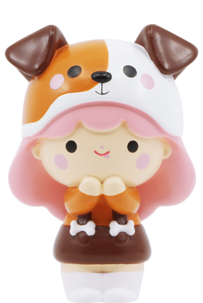 BFF Momiji doll with pink hair, dog hat, brown dress; smiling with hands tucked under her chin. Kawaii collectible character. — Momiji doll