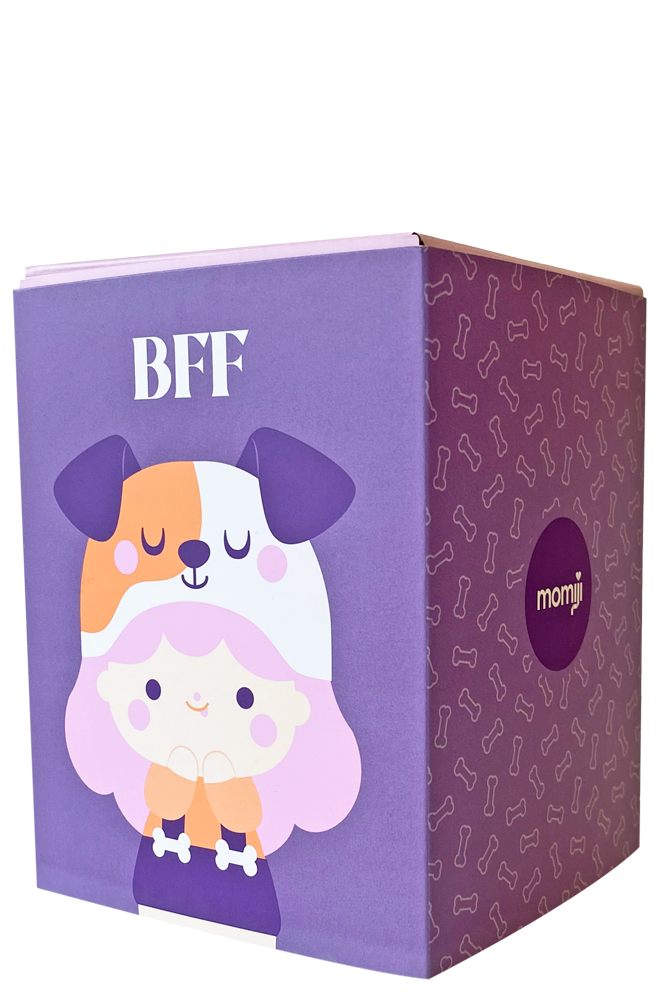 Purple box with "BFF" and a Momiji doll character wearing a dog hat, with paw prints and bones decorating the sides. — Momiji doll