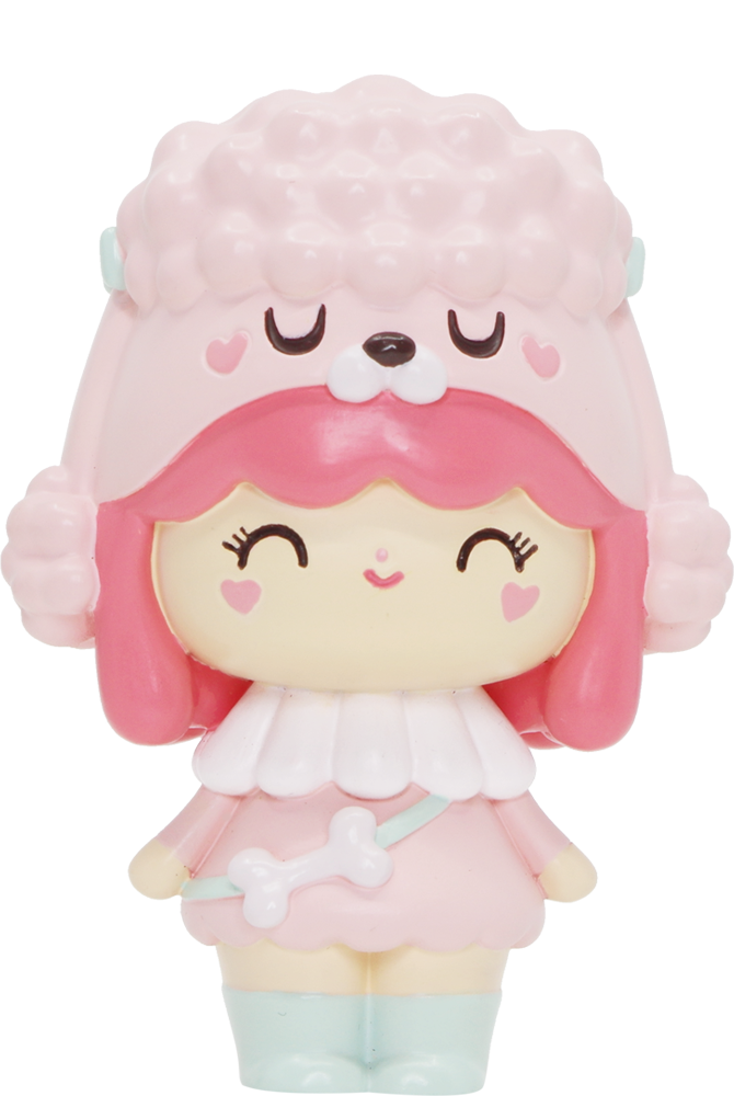 Best Friends Momiji doll with pink hair, a pink dog hat, heart cheeks, pastel outfit, blue boots. Secret message inside. — Momiji doll