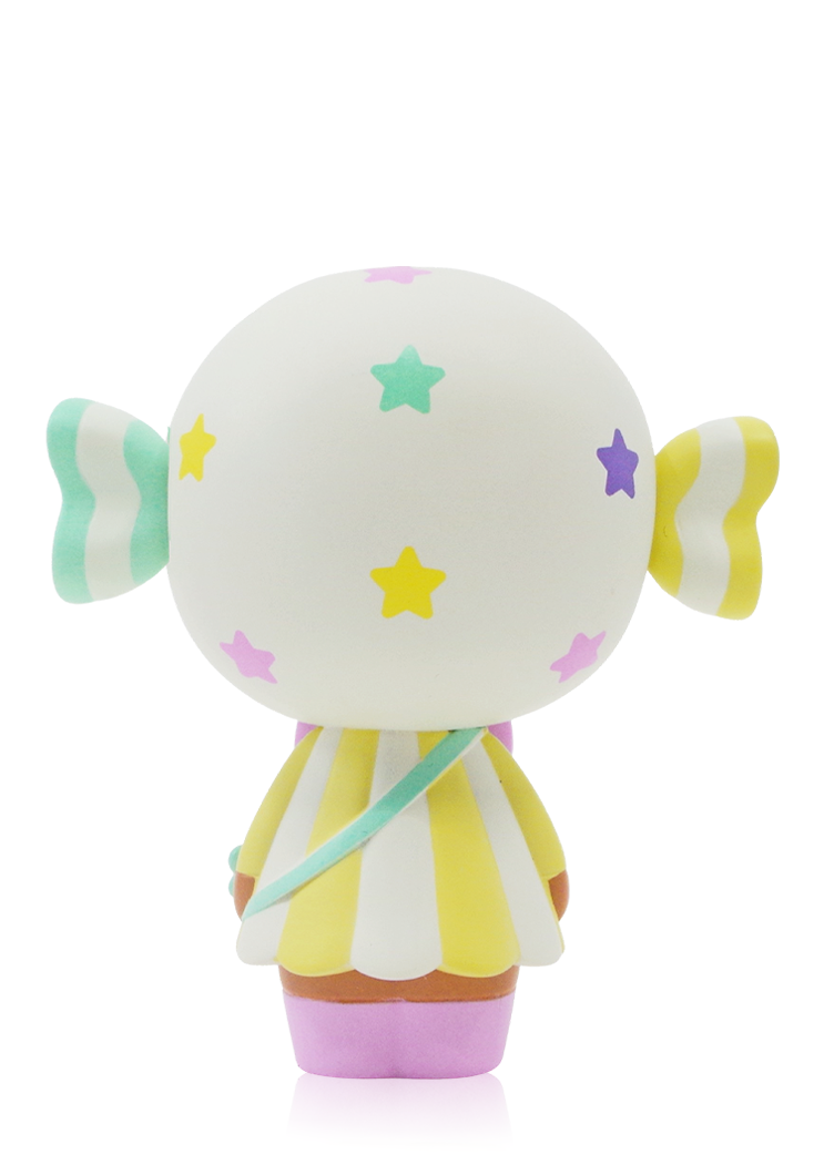 Candy Button Momiji doll, 8cm vinyl, round head, colorful stars, striped bows, yellow-white striped dress, shown from back. — Momiji doll