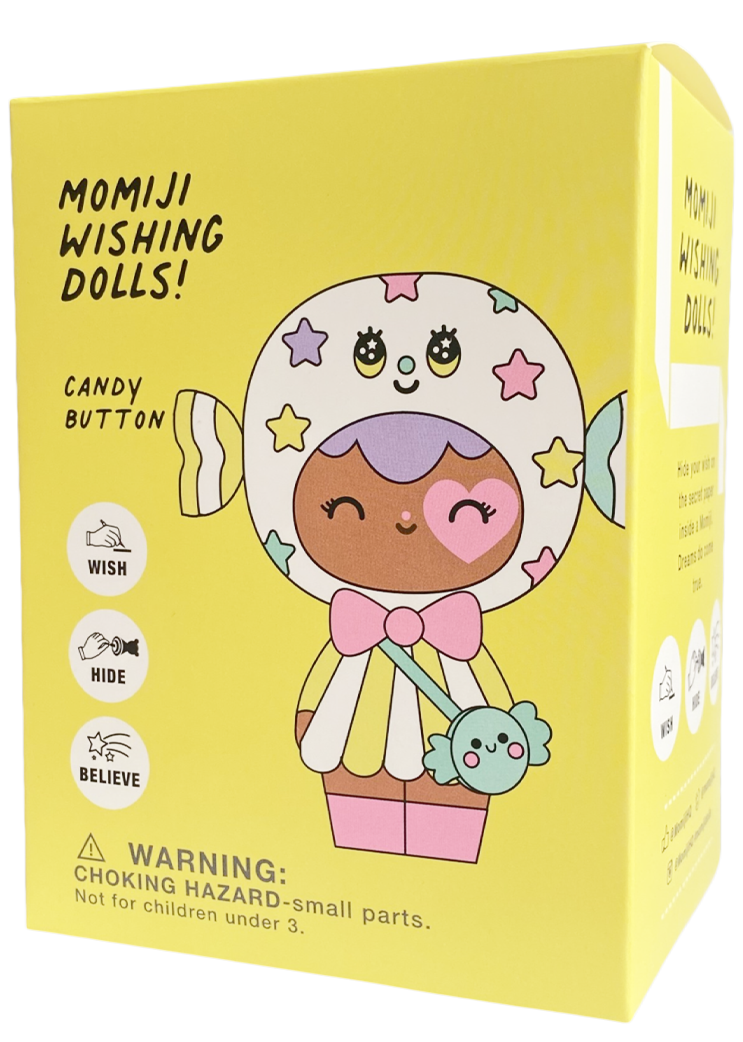Yellow box with 8cm Candy Button Momiji doll, kawaii details, star motifs, wishing paper, and safety info included. — Momiji doll