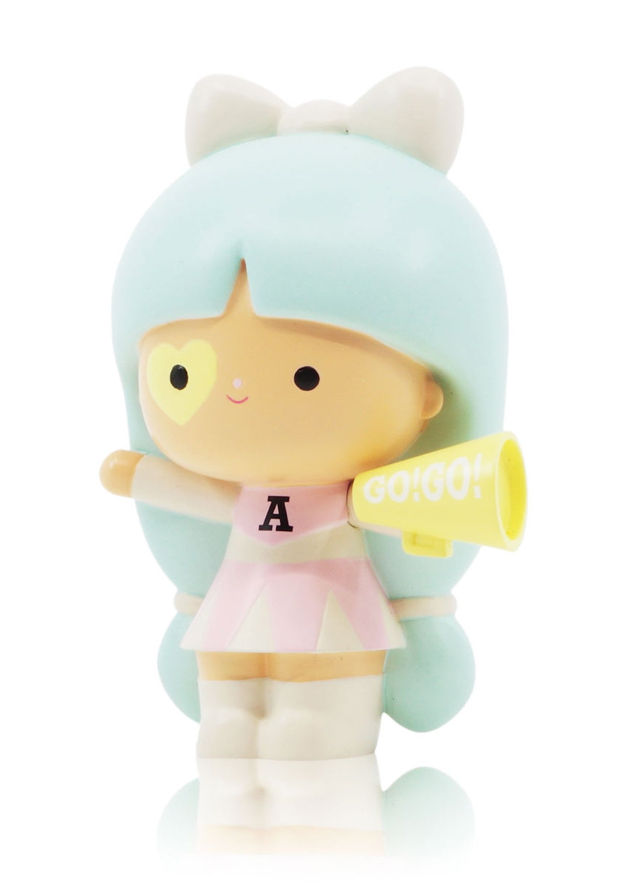 Courageous You Momiji doll with pastel aqua hair, pink dress, and holding a yellow megaphone. Cute collectible, message inside. — Momiji doll