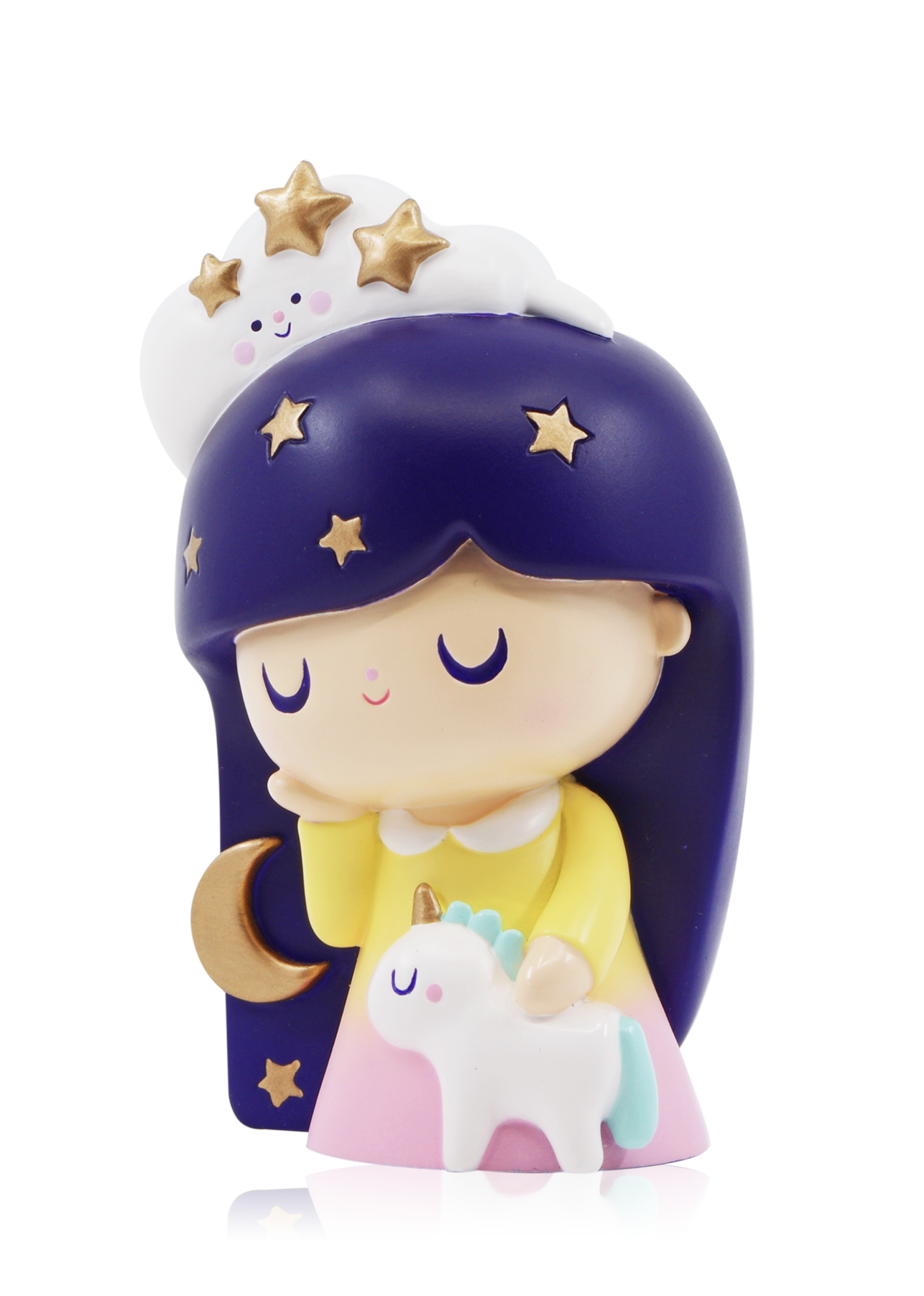 Dreaming Momiji doll, 8cm tall, dark hair, decorated with gold stars, unicorn and crescent moon; collectible with secret message. — Momiji doll