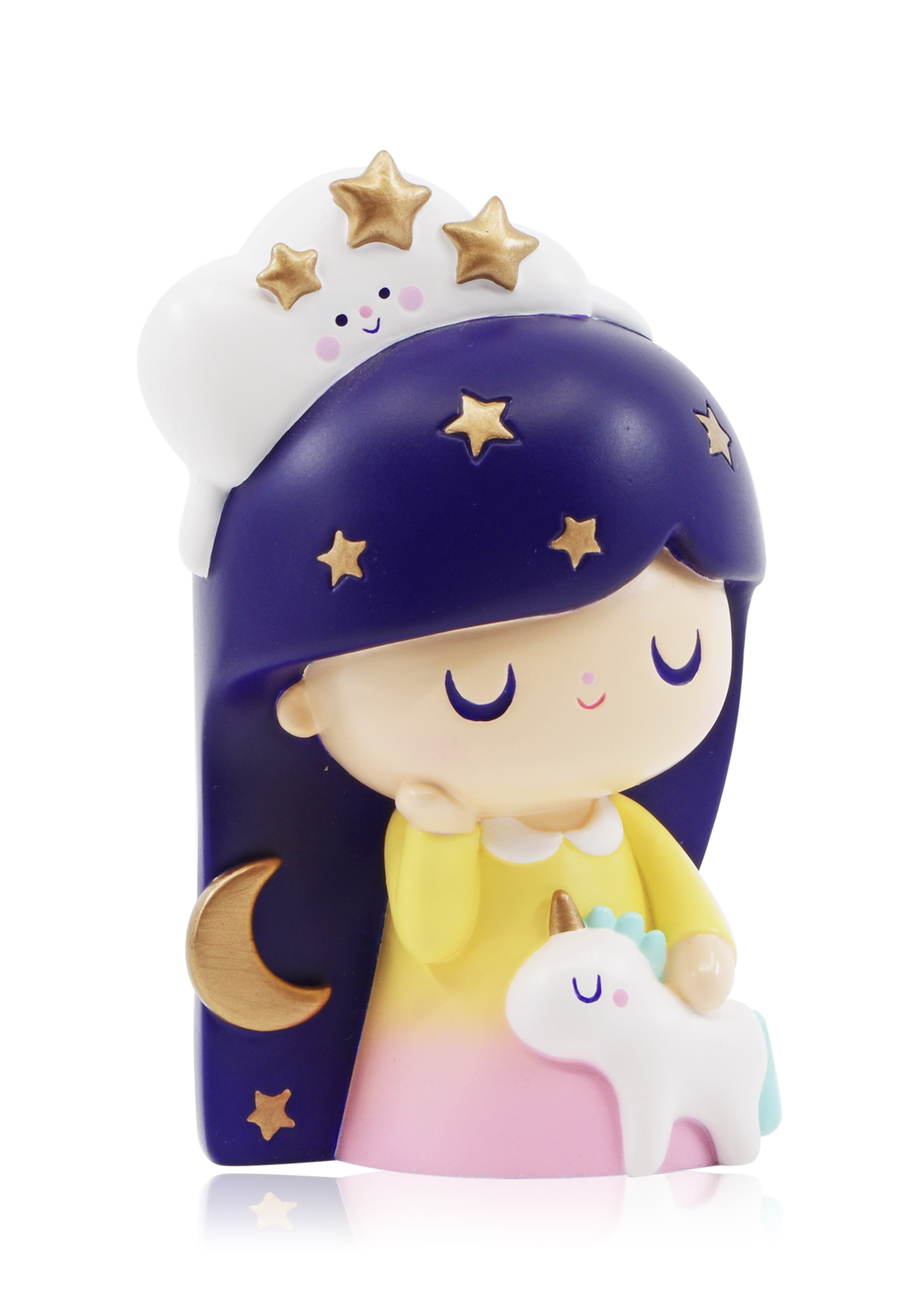 Dreaming Momiji doll, 8cm, navy hair, gold stars, cloud-shaped hat and unicorn. Limited edition kawaii collectible. — Momiji doll