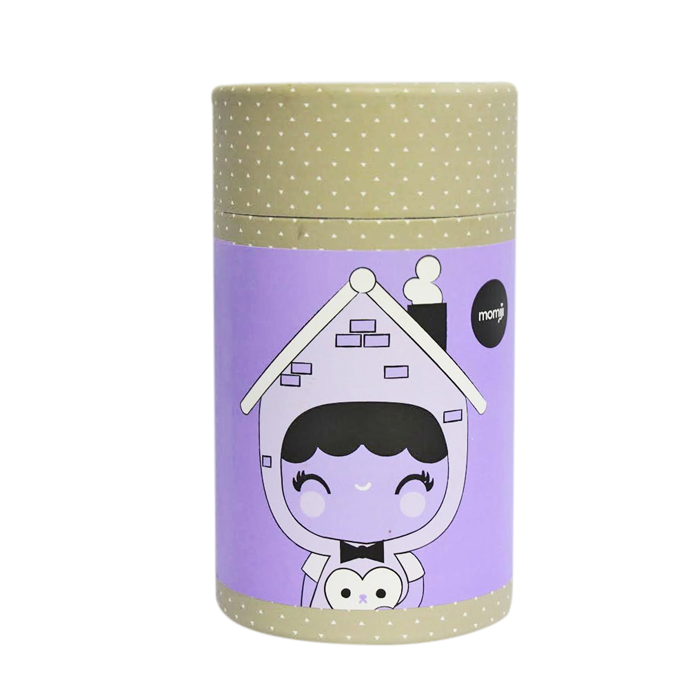 Momiji doll named Home wears a house costume; purple label, beige lid, cute kawaii style. Collectible with hidden message inside. — Momiji doll