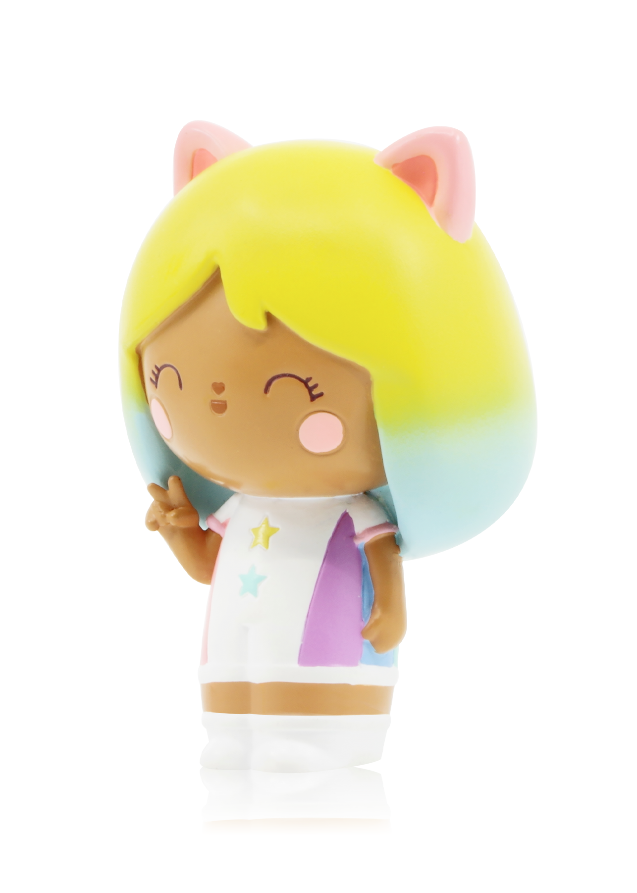 Little Rainbow Kitten Momiji doll with cat ears, pastel yellow and blue hair, white dress; hand-numbered collectible. — Momiji doll