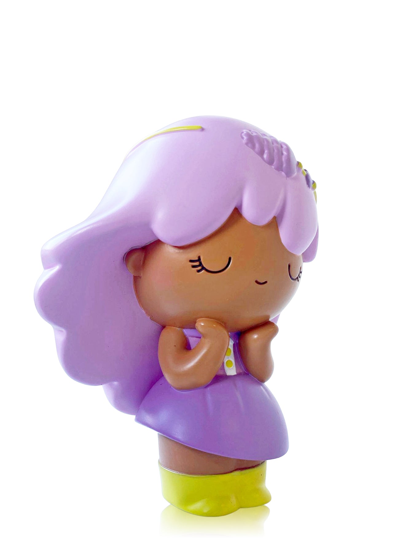 Lavanda Momiji doll with purple hair, a purple dress, yellow shoes; kawaii collectible hiding a secret message inside. — Momiji doll