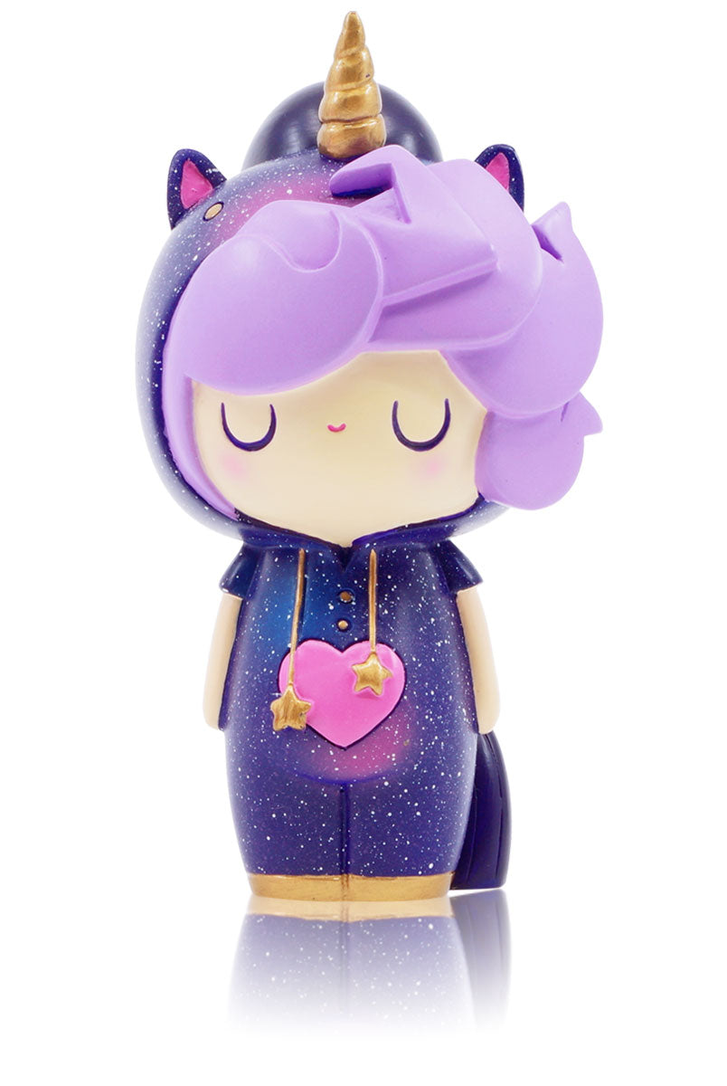 Little Starlight Girl 2021 #015: Momiji doll with purple hair, unicorn hoodie, starry dress; kawaii character, collectible. — Momiji doll