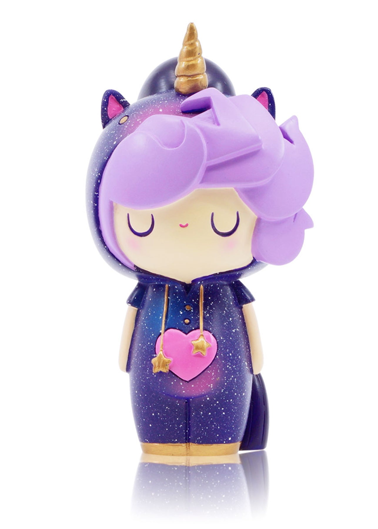 Momiji doll "Little Starlight Girl 2021 #015" with purple hair, unicorn horn, starry onesie, holding a pink heart. — Momiji doll