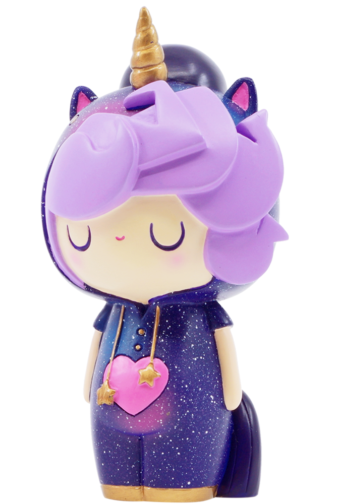 Little Starlight Girl Momiji doll with unicorn headband, purple hair, gold horn, navy outfit, and a pink heart detail. — Momiji doll