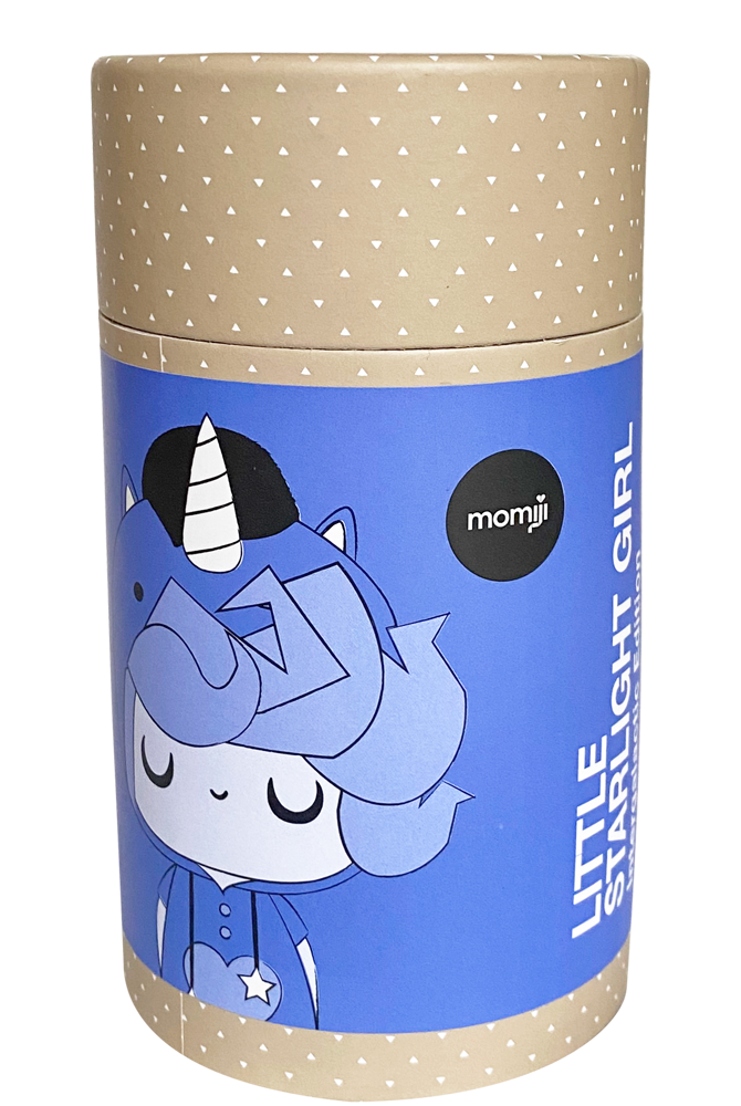 Cylindrical box with blue label showing Momiji doll character Little Starlight Girl 2021 HN, styled as a cute unicorn girl. — Momiji doll