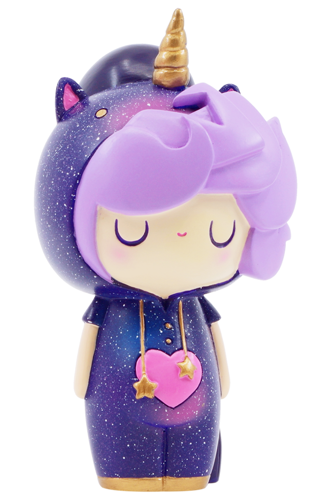 Little Starlight Girl Momiji doll with pastel purple hair in galaxy unicorn onesie, holding a star heart. — Momiji doll