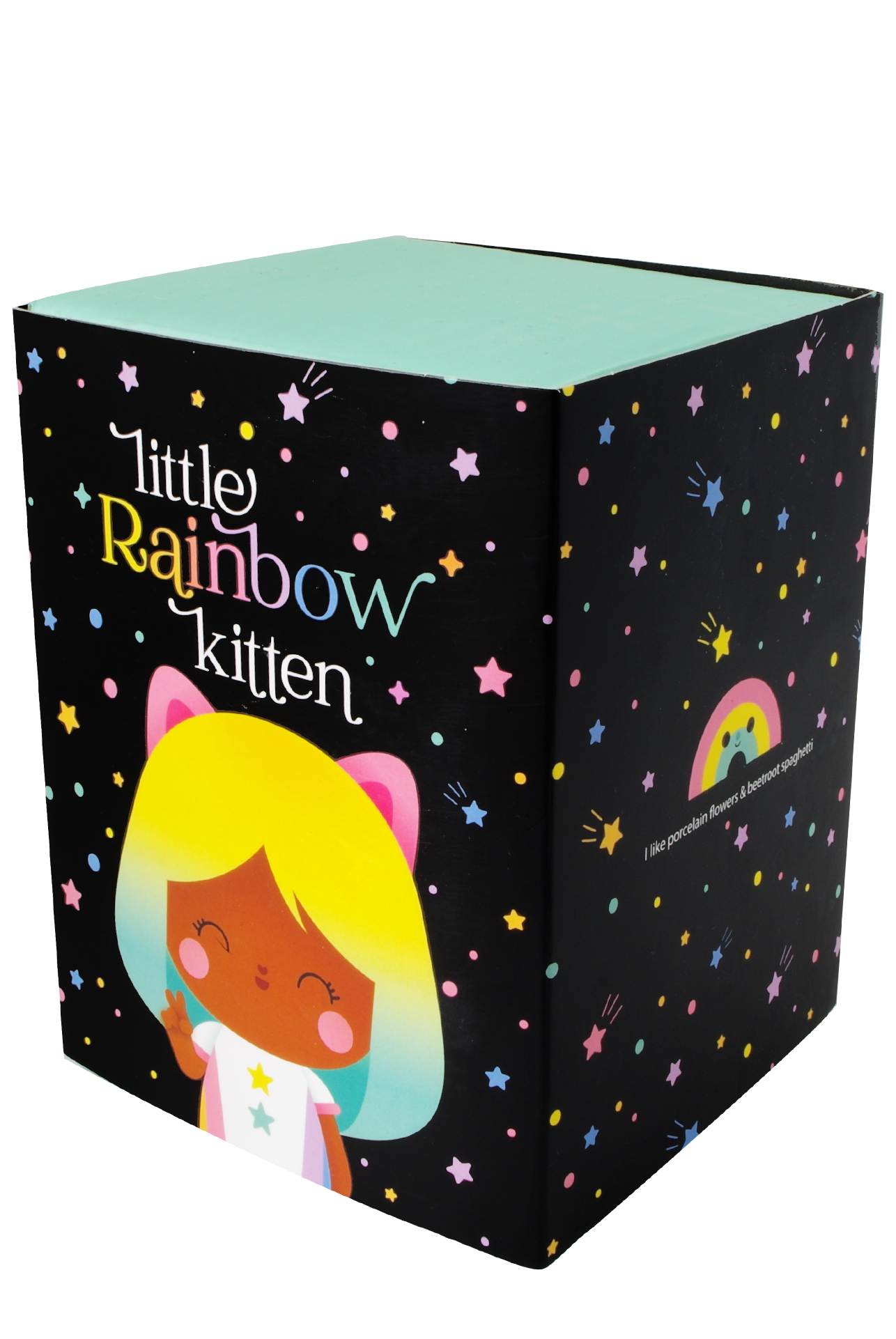 Little Rainbow Kitten Momiji doll box with a kawaii girl in cat ears, stars, and vivid rainbow accents; collectible vinyl figure inside. — Momiji doll