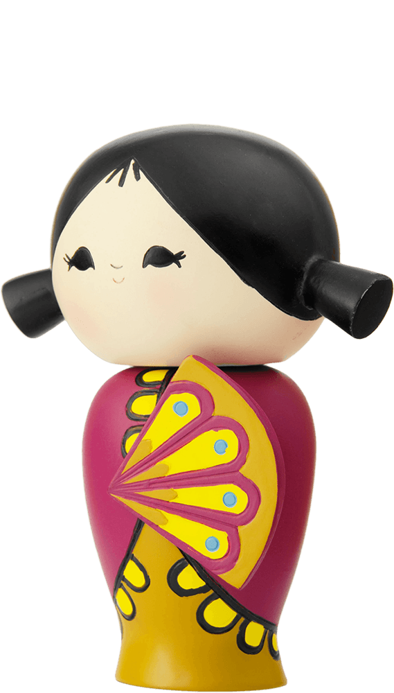 The Happy Happy Happy Momiji doll has black hair, a red and yellow dress, and holds a fan decorated with blue and yellow patterns. — Momiji doll
