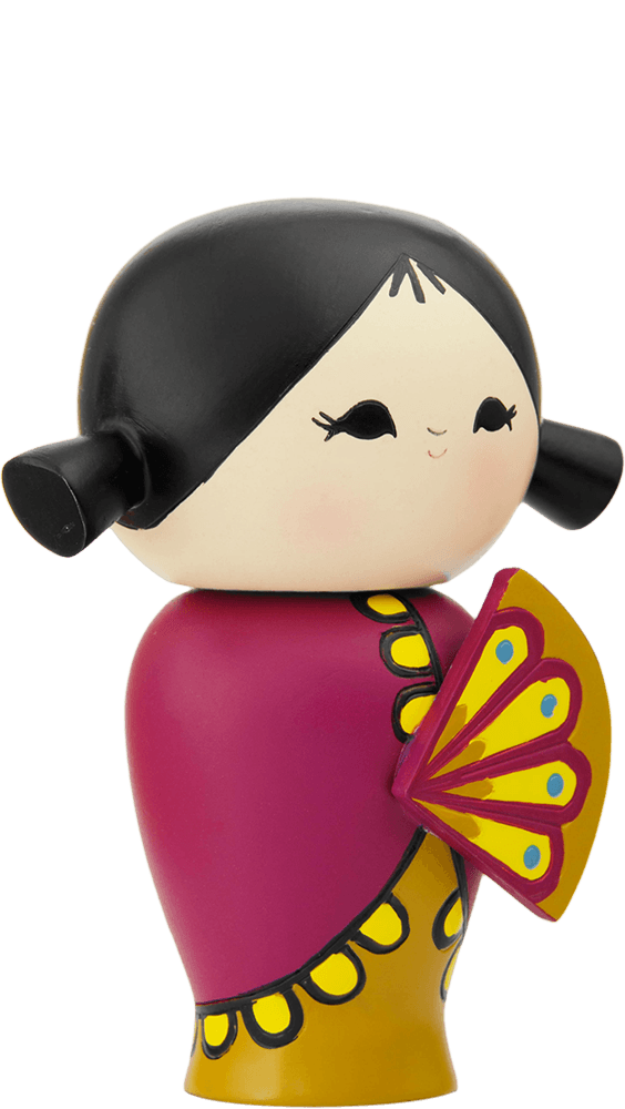 Happy Happy Happy Momiji doll with black hair buns, pink dress, and a yellow fan; collectible character hides a secret message. — Momiji doll