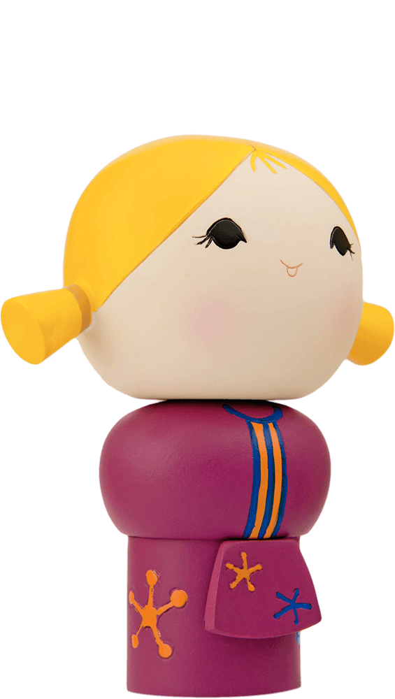 Chatting Momiji doll with bright yellow hair, a purple dress, and orange-blue accents; a collectible designed for secret messages. — Momiji doll