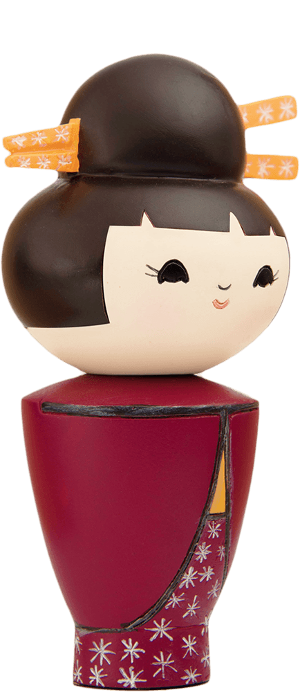 Dizzy Momiji doll with black hair in a bun, yellow hair sticks; cute collectible with hidden message inside. — Momiji doll