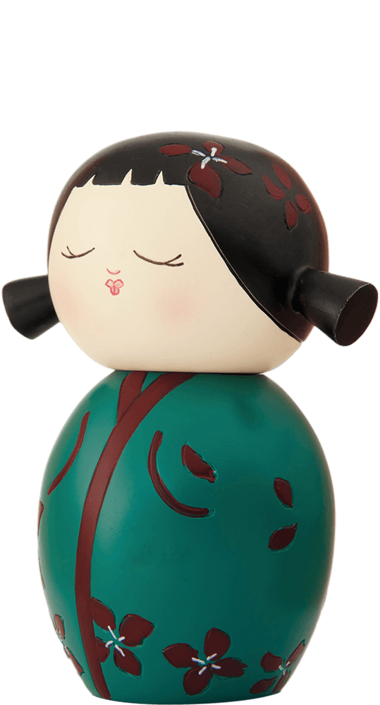 Flowers Momiji doll with black hair, closed eyes, and a teal outfit decorated with maroon flower details. — Momiji doll