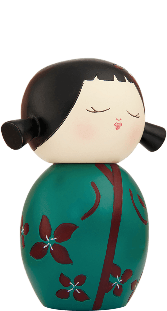 Flowers Momiji doll with black hair, closed eyes, and a green outfit decorated with red flowers. Collectible doll hides a secret message. — Momiji doll