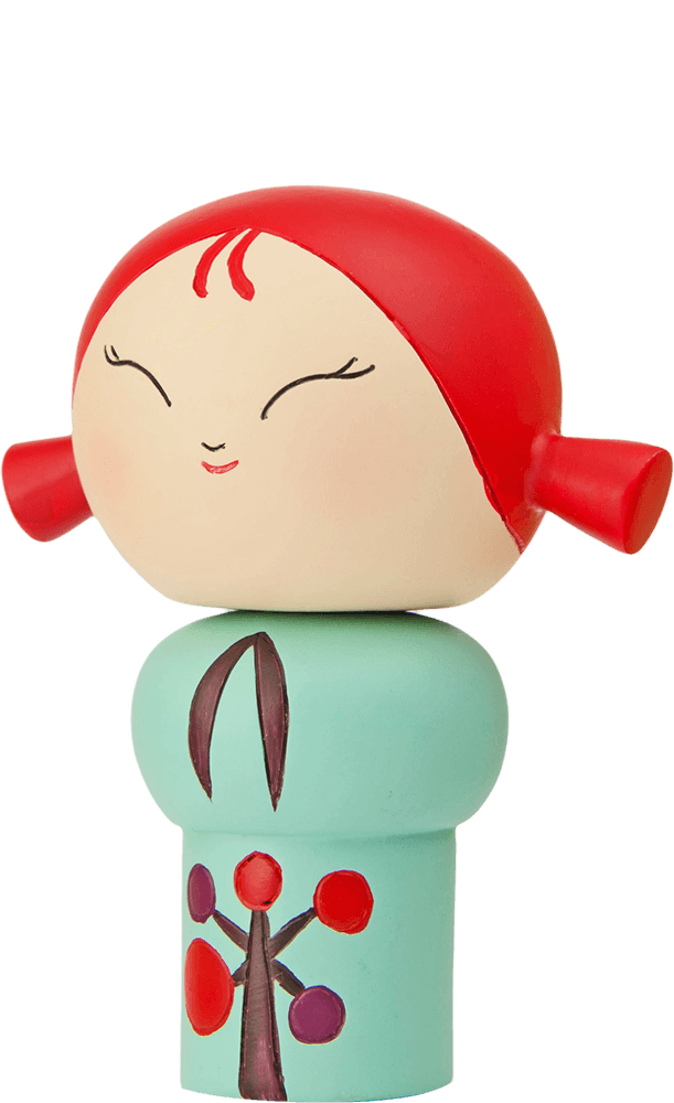 Momiji doll with red hair, mint green body, tree design, closed eyes, and wide smile. Collectible with secret message inside. — Momiji doll