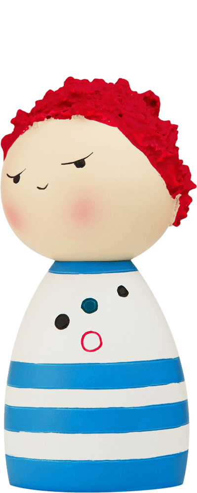 Spike Momiji doll with red textured hair, rosy cheeks, blue-white striped body, and a surprised expression. — Momiji doll